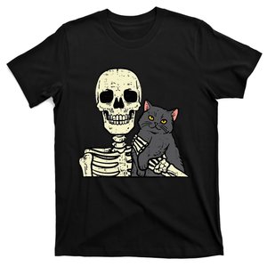 Halloween Black Cat On Skeleton Shoulder Costume T-Shirt