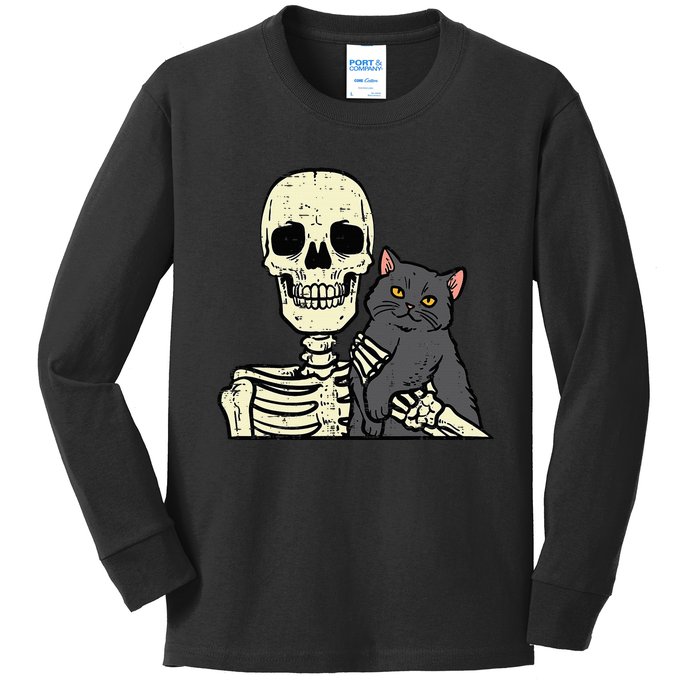 Halloween Black Cat On Skeleton Shoulder Costume Kids Long Sleeve Shirt