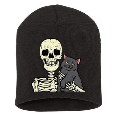 Halloween Black Cat On Skeleton Shoulder Costume Short Acrylic Beanie