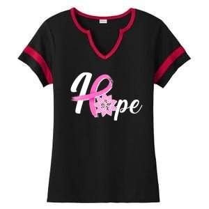 Hope Breast Cancer Awareness Ribbon Flower Ladies Halftime Notch Neck Tee