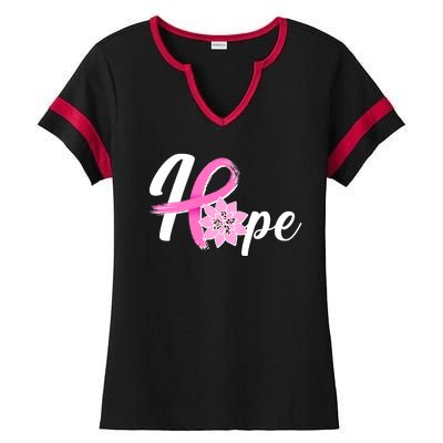 Hope Breast Cancer Awareness Ribbon Flower Ladies Halftime Notch Neck Tee