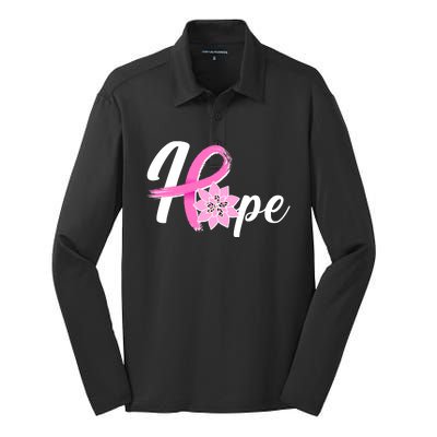 Hope Breast Cancer Awareness Ribbon Flower Silk Touch Performance Long Sleeve Polo