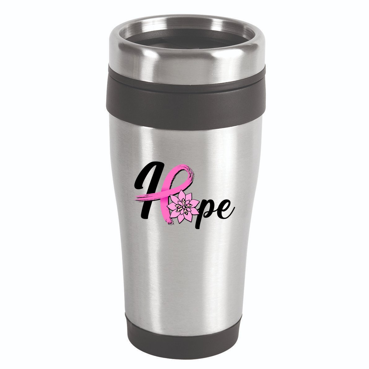 Hope Breast Cancer Awareness Ribbon Flower 16oz Travel Tumbler