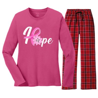 Hope Breast Cancer Awareness Ribbon Flower Women's Long Sleeve Flannel Pajama Set 