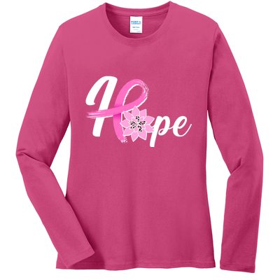 Hope Breast Cancer Awareness Ribbon Flower Ladies Long Sleeve Shirt