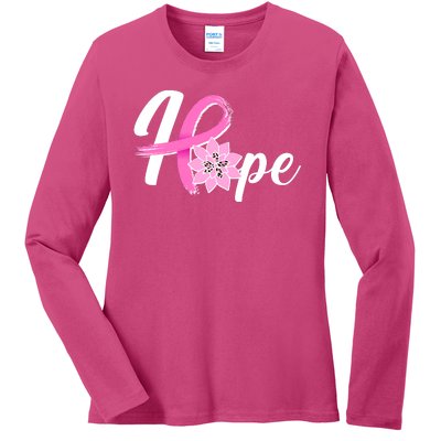 Hope Breast Cancer Awareness Ribbon Flower Ladies Long Sleeve Shirt