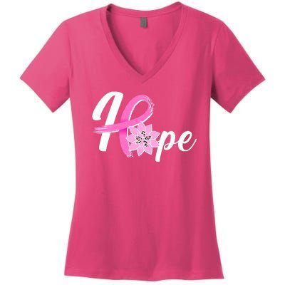 Hope Breast Cancer Awareness Ribbon Flower Women's V-Neck T-Shirt