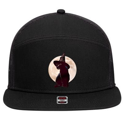 Halloween Black Cat Costume Witch Hat And Moon Gift 7 Panel Mesh Trucker Snapback Hat