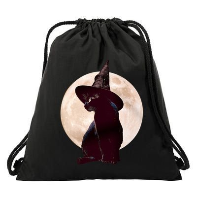 Halloween Black Cat Costume Witch Hat And Moon Gift Drawstring Bag