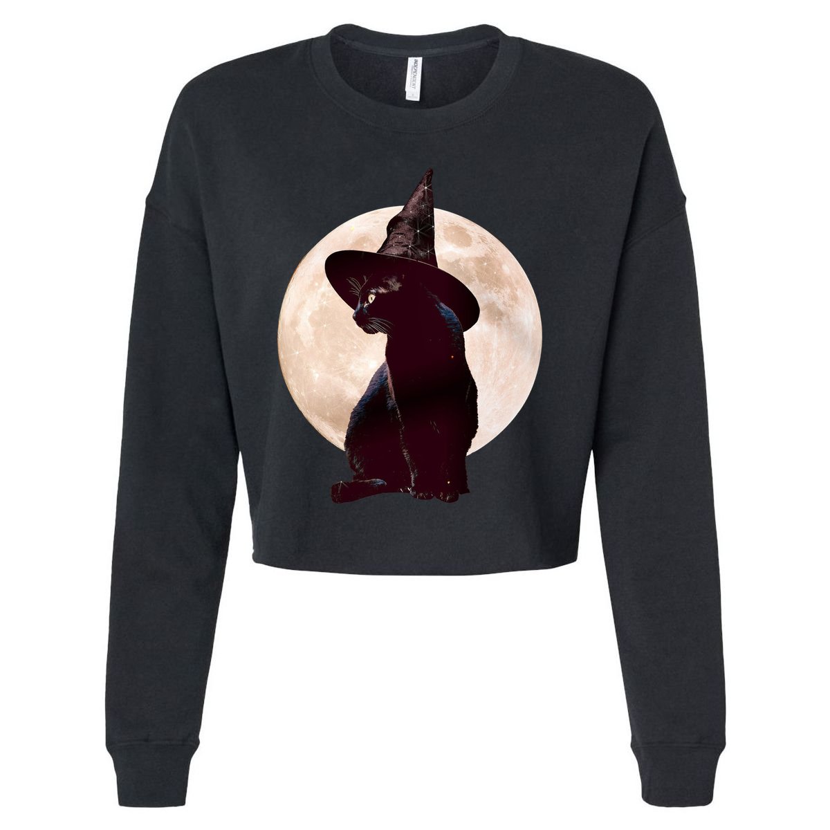 Halloween Black Cat Costume Witch Hat And Moon Gift Cropped Pullover Crew