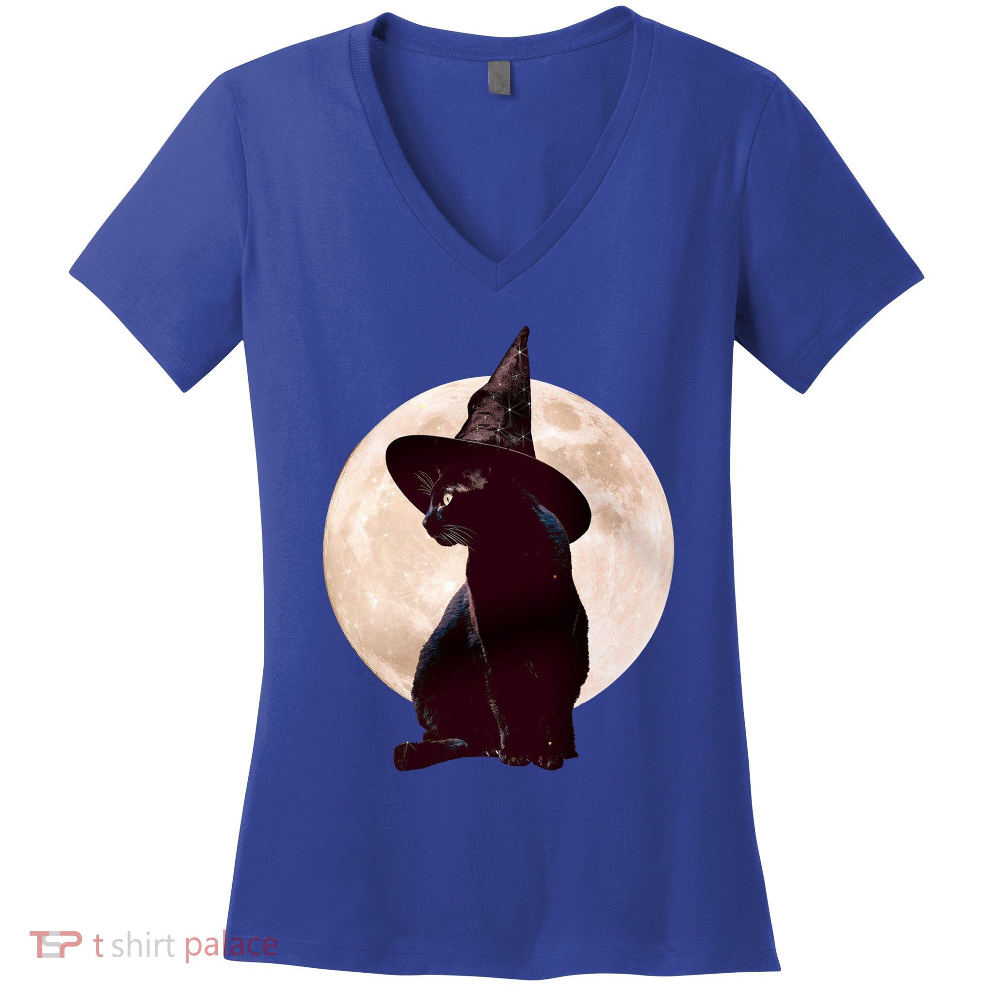 Halloween Black Cat Costume Witch Hat And Moon Gift Women's V-Neck T-Shirt