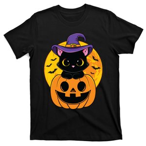 Halloween Black Cat Witch Hat Pumpkin For Kids Girls T-Shirt