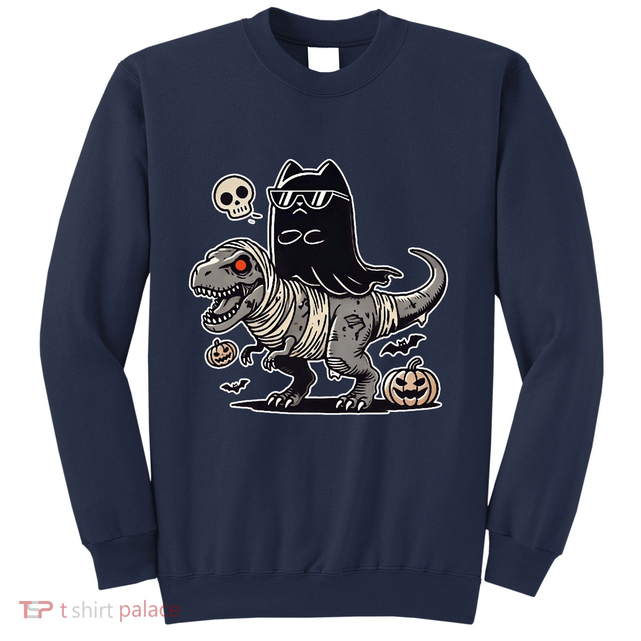 Halloween Black Cat Ghost Riding Zombie Trex Funny Halloween Sweatshirt
