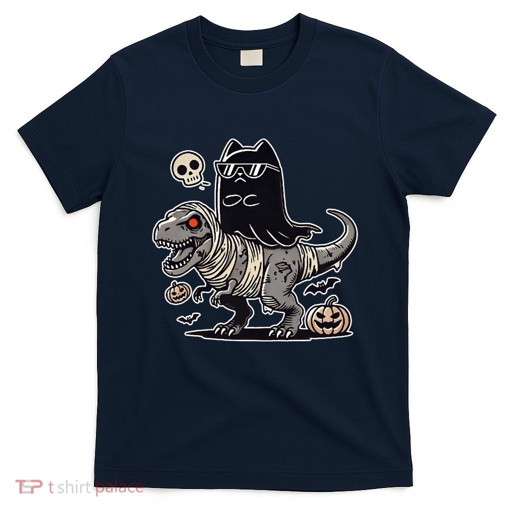 Halloween Black Cat Ghost Riding Zombie Trex Funny Halloween T-Shirt