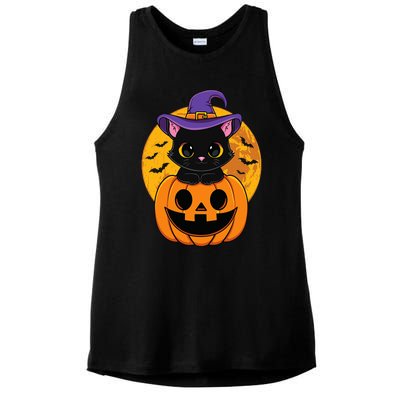 Halloween Black Cat Witch Hat Pumpkin Ladies PosiCharge Tri-Blend Wicking Tank