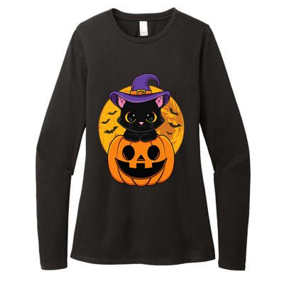 Halloween Black Cat Witch Hat Pumpkin Womens CVC Long Sleeve Shirt