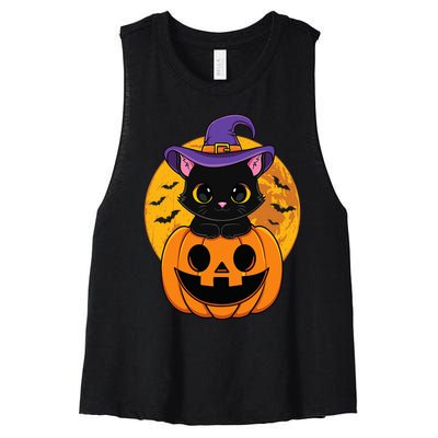 Halloween Black Cat Witch Hat Pumpkin Women's Racerback Cropped Tank