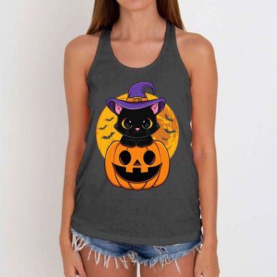 Halloween Black Cat Witch Hat Pumpkin Women's Knotted Racerback Tank