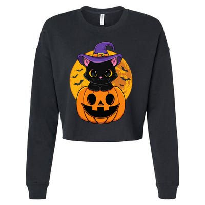 Halloween Black Cat Witch Hat Pumpkin Cropped Pullover Crew