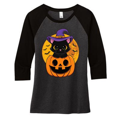 Halloween Black Cat Witch Hat Pumpkin Women's Tri-Blend 3/4-Sleeve Raglan Shirt