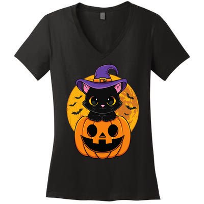 Halloween Black Cat Witch Hat Pumpkin Women's V-Neck T-Shirt