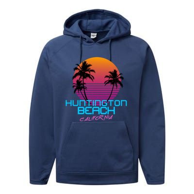 Huntington Beach California Retro 80s Meaningful Gift Performance Fleece Hoodie