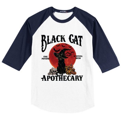 Halloween Black Cat Apothecary Retro Halloween Cat Baseball Sleeve Shirt