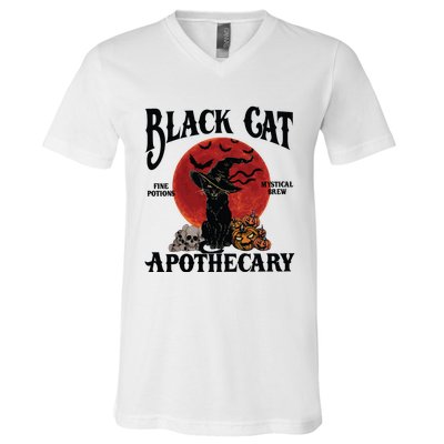 Halloween Black Cat Apothecary Retro Halloween Cat V-Neck T-Shirt