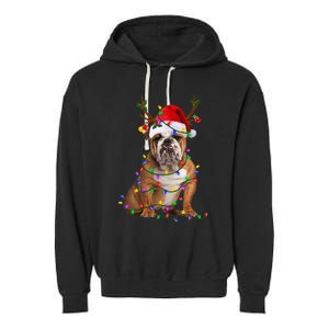 Hilarious Bulldog Christmas Pajama with Festive Tree Lights Garment-Dyed Fleece Hoodie