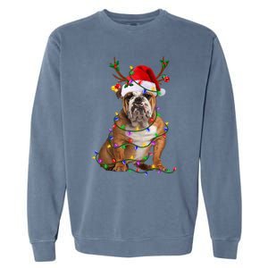 Hilarious Bulldog Christmas Pajama with Festive Tree Lights Garment-Dyed Sweatshirt