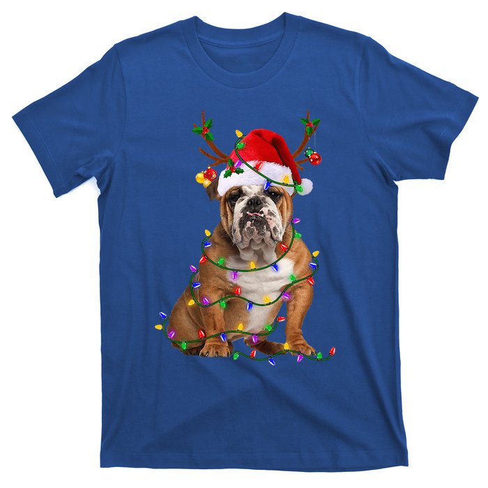 Hilarious Bulldog Christmas Pajama with Festive Tree Lights T-Shirt