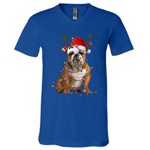 Hilarious Bulldog Christmas Pajama with Festive Tree Lights V-Neck T-Shirt