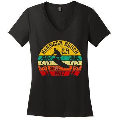 Hermosa Beach California Surfing Surfer Ocean Vintage Women's V-Neck T-Shirt