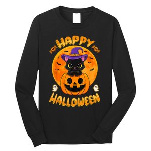 Halloween Black Cat Witch Hat Pumpkin Long Sleeve Shirt