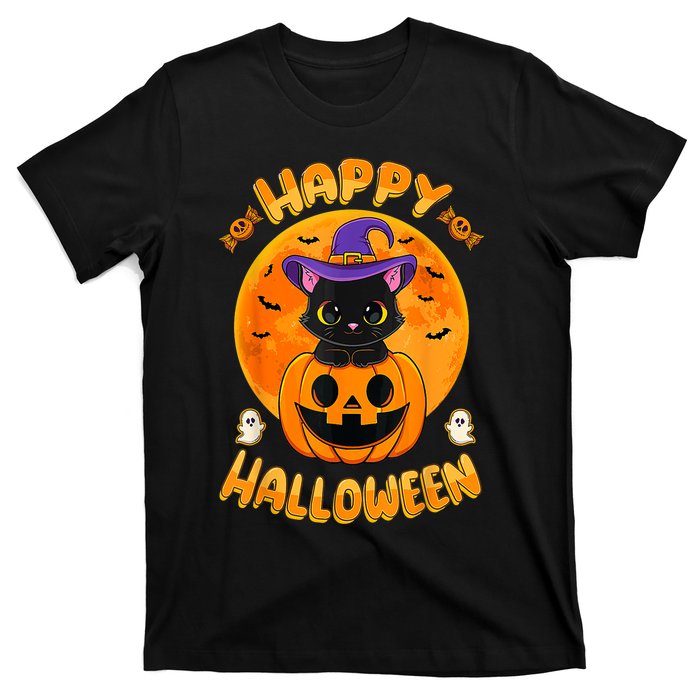 Halloween Black Cat Witch Hat Pumpkin T-Shirt