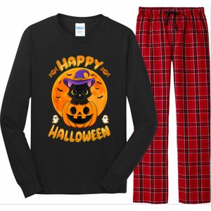 Halloween Black Cat Witch Hat Pumpkin Long Sleeve Pajama Set