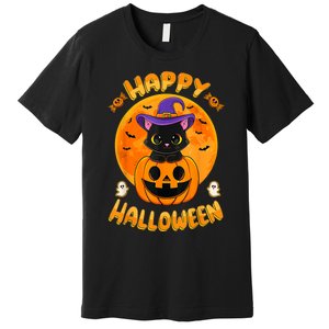 Halloween Black Cat Witch Hat Pumpkin Premium T-Shirt