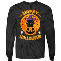 Halloween Black Cat Witch Hat Pumpkin Tie-Dye Long Sleeve Shirt