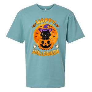 Halloween Black Cat Witch Hat Pumpkin Sueded Cloud Jersey T-Shirt