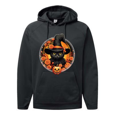 Halloween Black Cat Scary Moon Witch Hat Pumpkin And Flowers Performance Fleece Hoodie