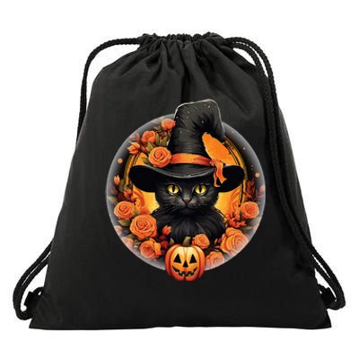 Halloween Black Cat Scary Moon Witch Hat Pumpkin And Flowers Drawstring Bag