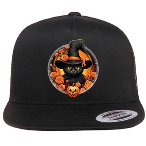 Halloween Black Cat Scary Moon Witch Hat Pumpkin And Flowers Flat Bill Trucker Hat