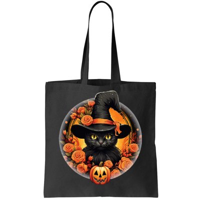 Halloween Black Cat Scary Moon Witch Hat Pumpkin And Flowers Tote Bag