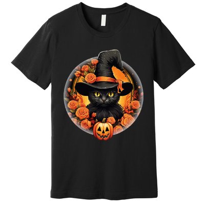 Halloween Black Cat Scary Moon Witch Hat Pumpkin And Flowers Premium T-Shirt