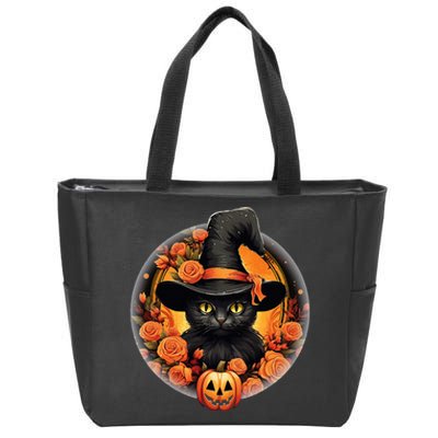 Halloween Black Cat Scary Moon Witch Hat Pumpkin And Flowers Zip Tote Bag