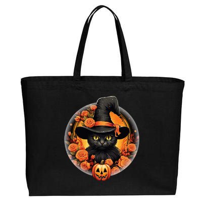 Halloween Black Cat Scary Moon Witch Hat Pumpkin And Flowers Cotton Canvas Jumbo Tote