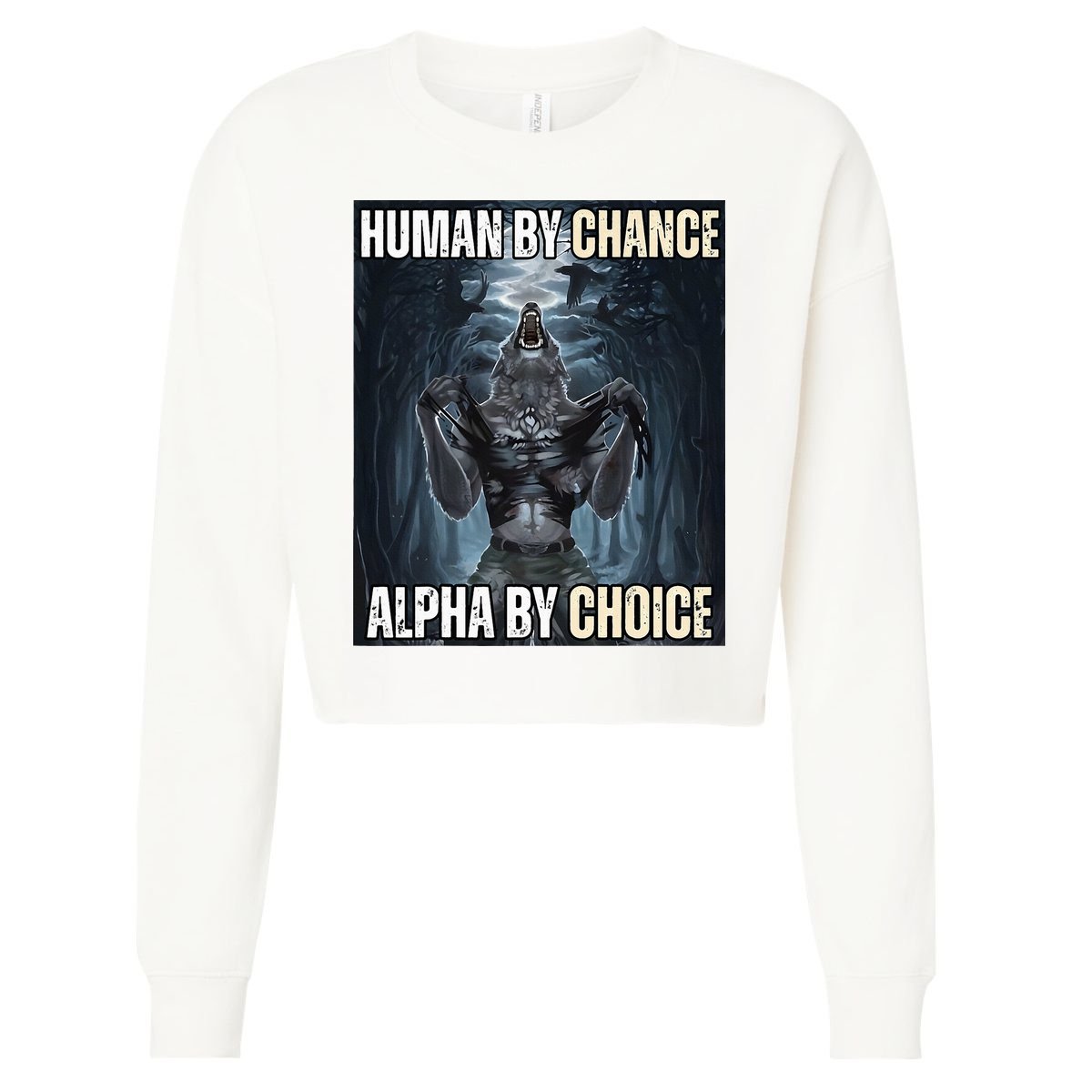 Human By Chance Alpha By Choice Cool Funny Alpha Wolf Cropped Pullover Crew