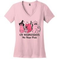 Halloween Breast Cancer On Wednesday We Wear Pink Ghost Women's V-Neck T-Shirt