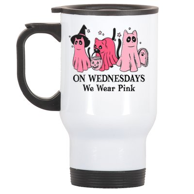 Halloween Breast Cancer On Wednesday We Wear Pink Ghost Stainless Steel Travel Mug