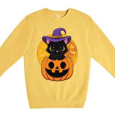 Halloween Black Cat Witch Hat Pumpkin For Premium Crewneck Sweatshirt